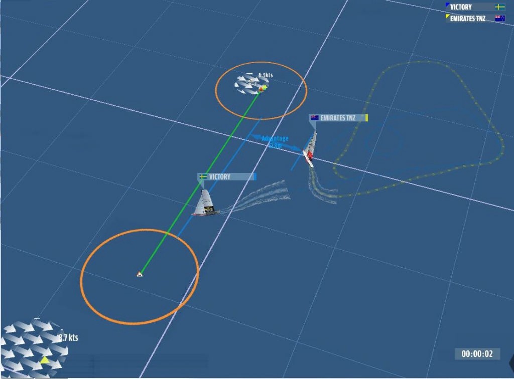 NZL-92’s track leading into the start can be clearly seen - well wide of SWE-96 who controlled the start to emerge with a 70metre lead © AmericasCupAnywhere.com www.americascupanywhere.com